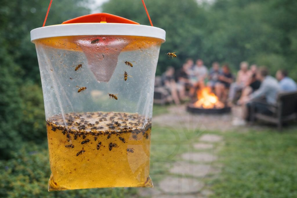 Pułapka na osy 3L wisząca w ogrodzie, w tle ognisko i ludzie, widoczne osy w środku pułapki