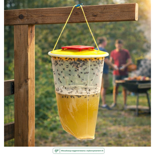 Pułapka na muchy Red Top 8L zawieszona na drewnianej belce w ogrodzie podczas grillowania, widoczny płyn wabiący i złapane muchyPułapka na muchy Red Top 8L zawieszona na drewnianej belce w ogrodzie podczas grillowania, widoczny płyn wabiący i złapane much