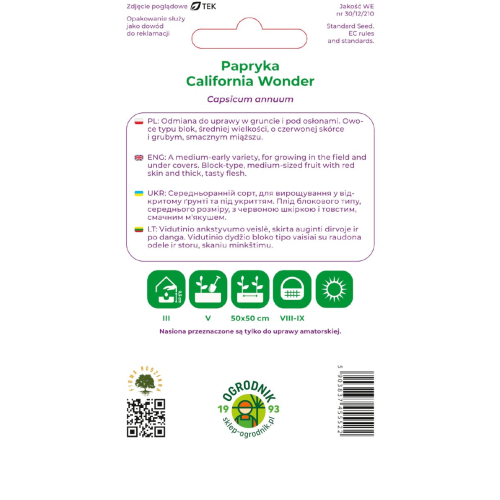 Papryka California Wonder W. Legutko opakowanie tył instrukcja siewu