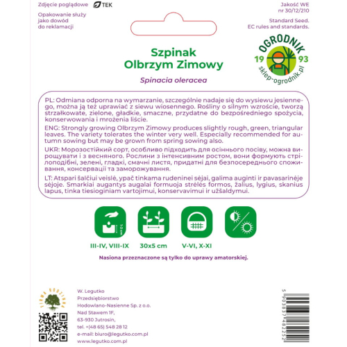 Szpinak Olbrzym zimowy opakowanie tył instrukcja siewu